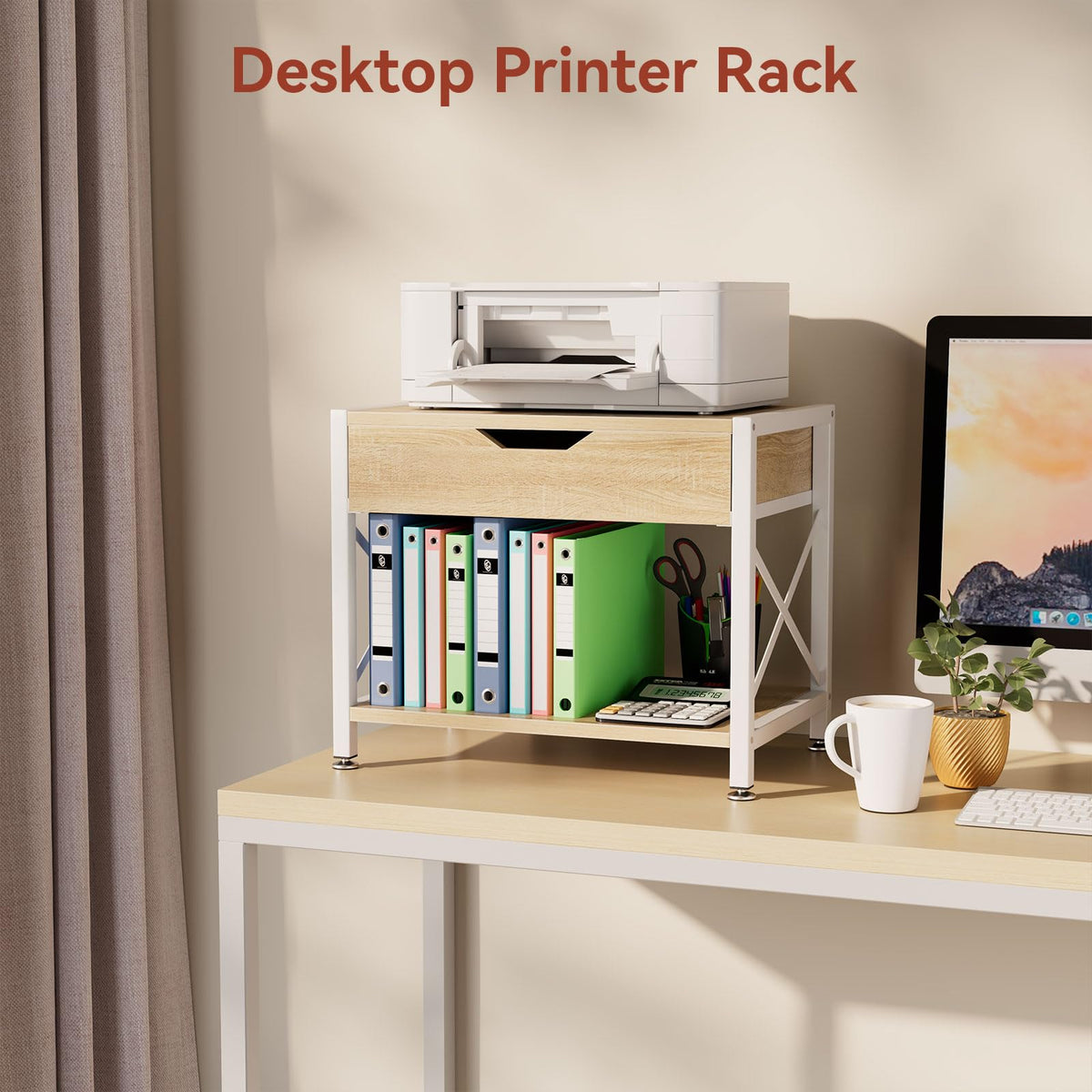 IBUYKE 2 Tier Desktop Printer Stand,Multi-Purpose Desk Organizer,Wooden Printer Stand with Drawer Storage for Folders,Books,for Fax Machine, Scanner,Home Office,Light Wood TLJ012R