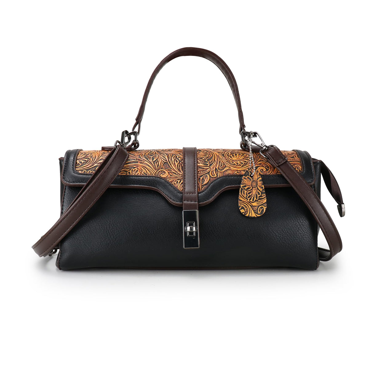Purse and Handbags for Women Vegan Leather Shoulder Hand Bags Top Handle Satchel Vintage Embossing Pattern (Black)