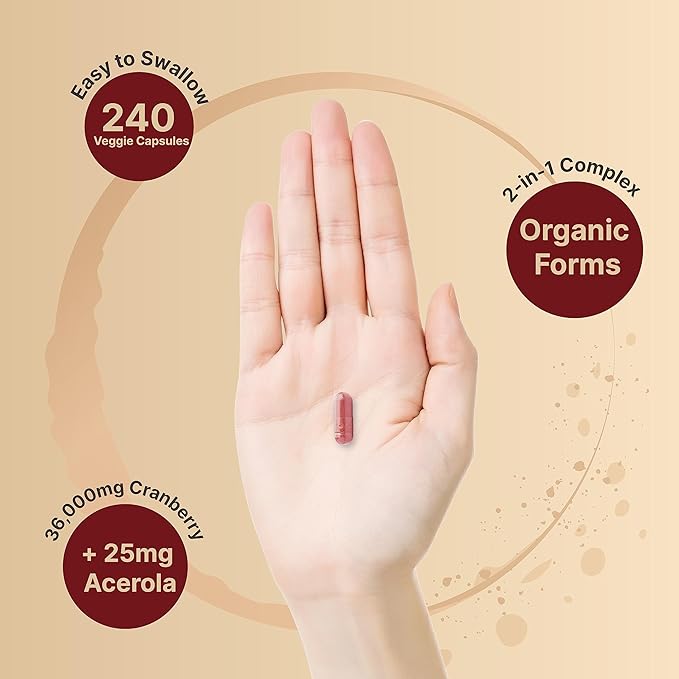 Naturebell Cranberry Pills 36,000mg with Acerola, 240 Veggie Capsules | 100:1 Fresh Cranberries Extract – Organic Ingredients – Supports Urinary Tract Health – Sugar-Free