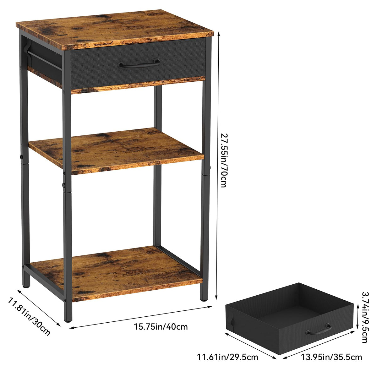 NORCEESAN Printer Stand with Storage, 3 Tier Printer Table for Small Spaces Nightstand with Fabric Drawers Office Side Table with Shelves Industrial Wood Night Stand for Home, Rustic Brown