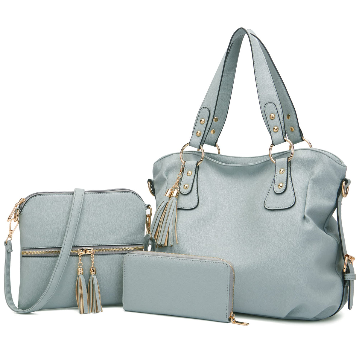Purses And Wallets Set For Women Tote Handbags Large Hobo Bag Purse With Wallet 3PCS GreyBlue