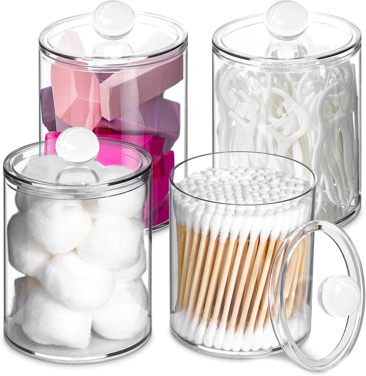 4 Pack Qtip Holder,Canister Apothecary Jar Set, Bathroom Jars with Lids Set for Cotton Swabs, Balls, Pads, Floss Picks,10oz-12oz Plastic Canisters Restroom Bedroom Vanity Organizer
