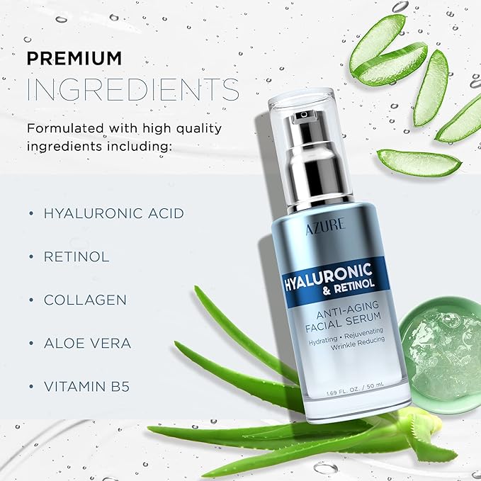 Azure Cosmetics Hyaluronic Acid Serum For Face - Ultra Hydrating, Dermatologist Tested, Anti-Aging Moisturizer for Dark Spots, Fine Lines & Wrinkles - Vegan, Clean Beauty, Korean Skin Care - 1.69 oz