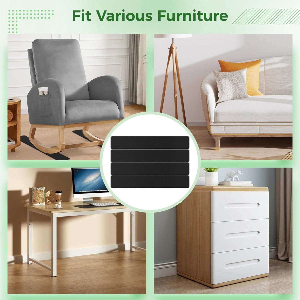 4 Pcs Anti-Slip Furniture Pads, Non-Slip Furniture Rail Pads for Recliners, Non-Skid Furniture Gripper Pads, Rubber Chair Floor Protectors for Hardwood Floors, Sofas, Couches, Chairs
