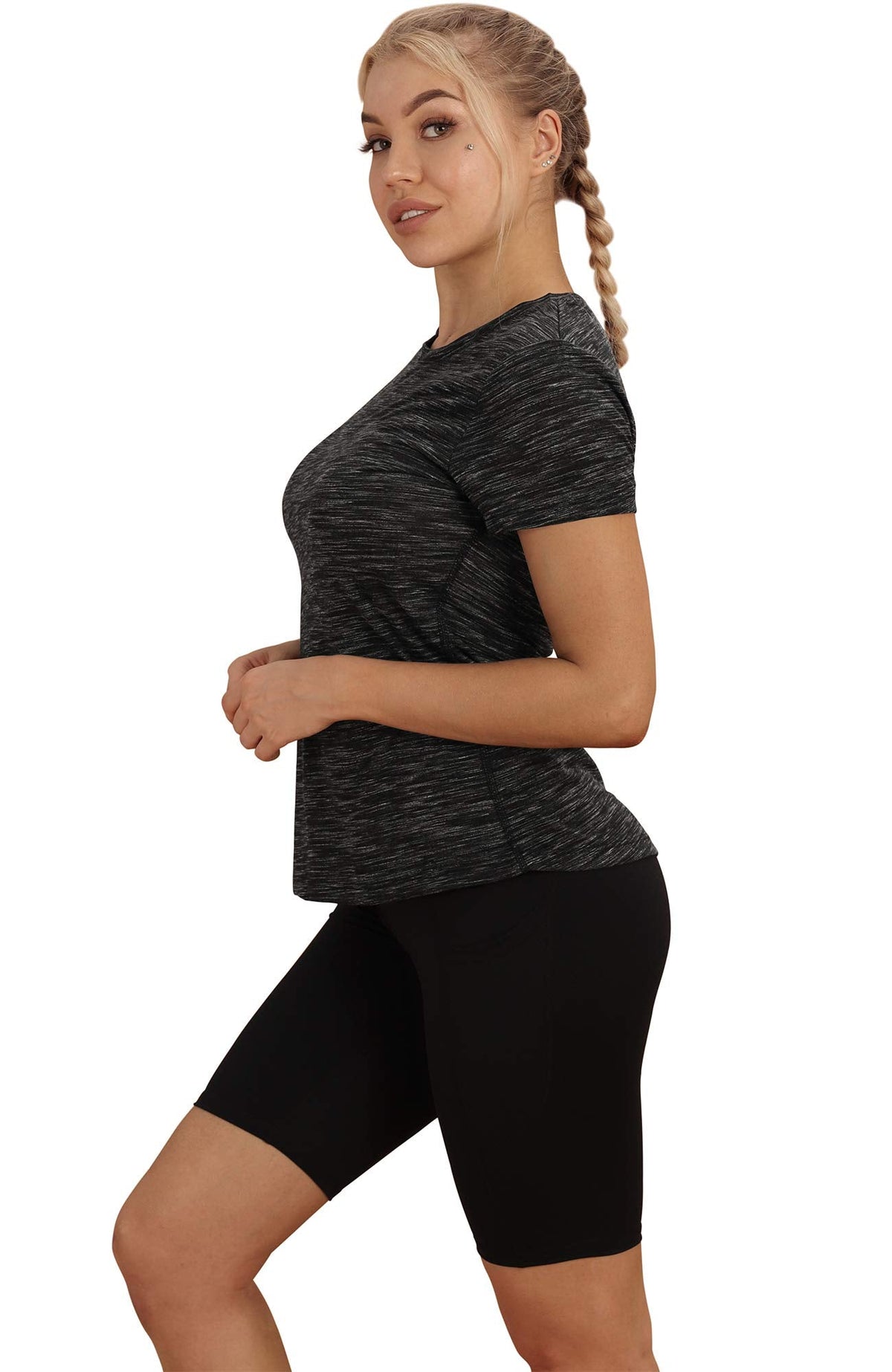 icyzone Workout Shirts for Women - Yoga Tops Gym Clothes Running Exercise Athletic T-Shirts for Women (Black/Navy, S)