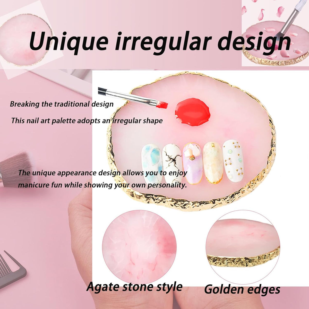 Makeup Palette Tray, Nail Tech Bag, Resin Nail Art Palette Makeup Mixing Palette Gold Edge Nail Art Tools Gel Design Nail Tray DIY, Mixing Palette, Nail Palette (3.86 x 3.43inch Pink)