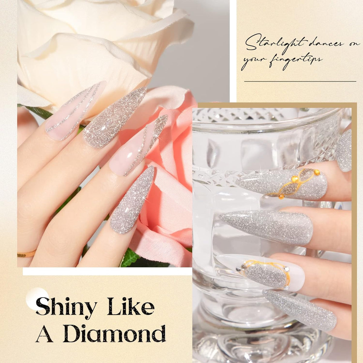 MIZHSE Reflective Gel Nail Polish, Glitter Silver and Gold Gel Polish 2 Colors, Sparkle Shiny Diamond Nail Gel Manicure Set Nail Art at Home Salon 10ML