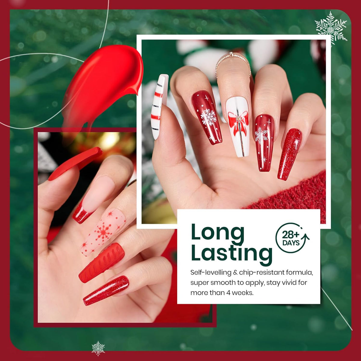 Beetles Green Gel Nail Polish Set, Sparkle Red Green Gel Polish Kit Soak Off UV LED Gel Nail Kit Manicure Gift with Nail Strengthener Gel