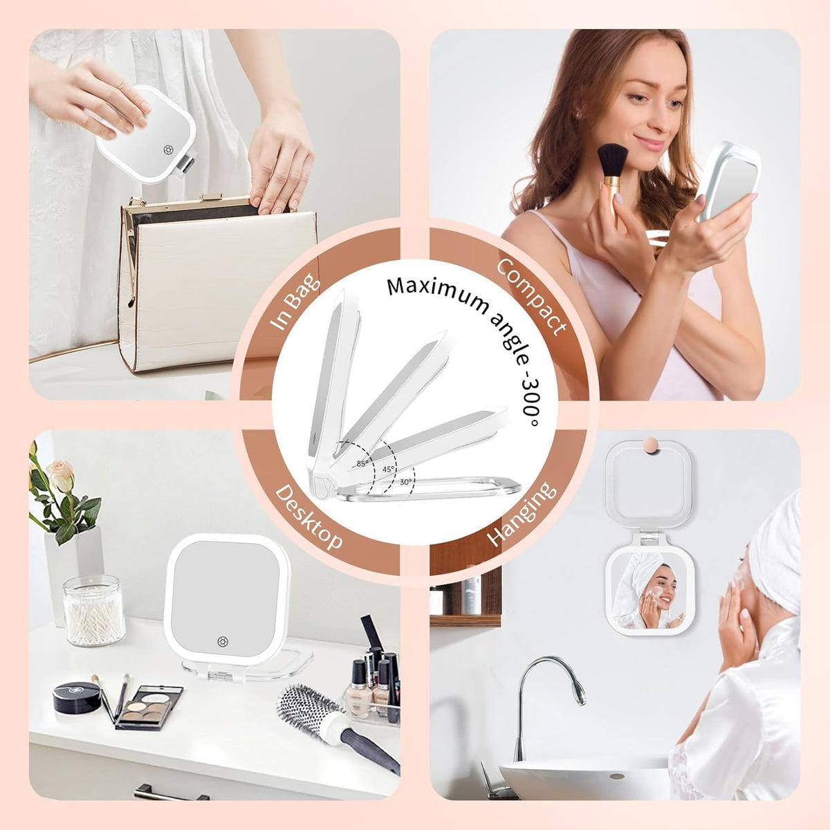 FASCINATE 10X Magnification Compact Travel Makeup Mirror with Lights and Magnification, 3.5 inch Portable 1X/10X Magnifying Mirror with 3 Color Light, Folding, Handheld (White)
