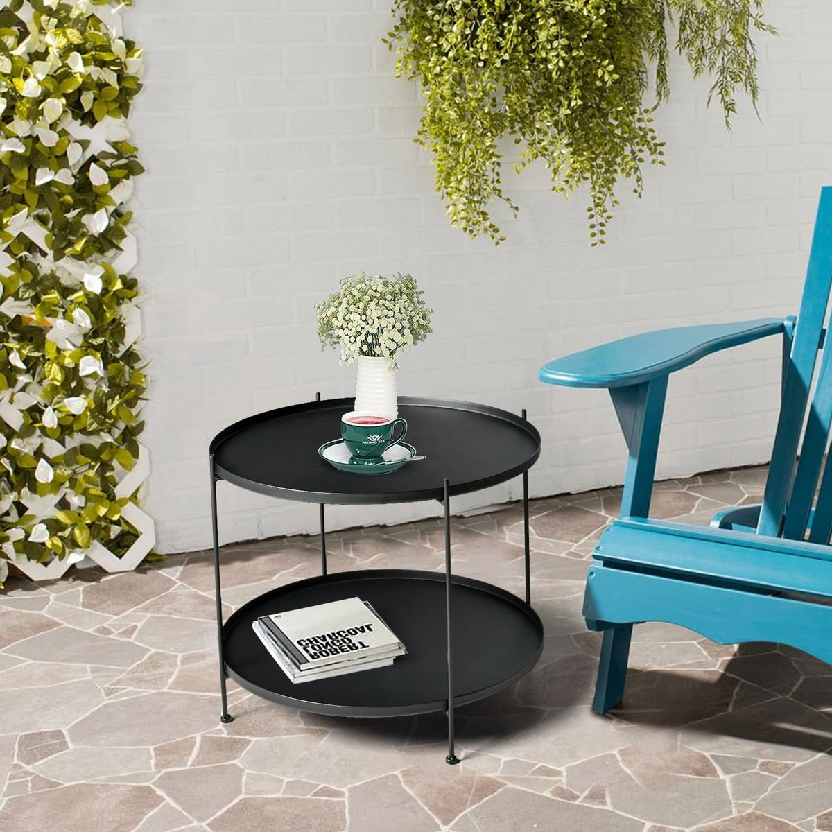 Lisuden Modern Metal End Table, Round Side Table Indoor/Outdoor, Living Room Small Coffee Table (Black, 2-Tier 23.6")