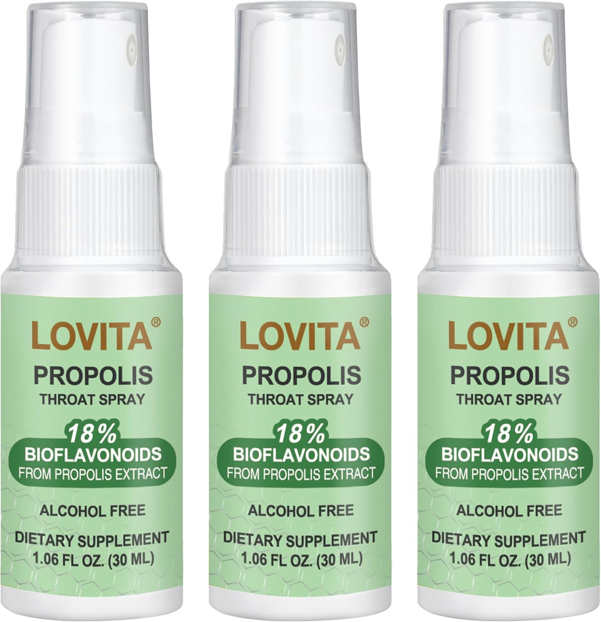 Lovita Bee Propolis Throat Spray, 18% Bioflavonoids, Alcohol-Free, Immune Support, Throat Soothing, Antioxidant, Gentle Taste, 1 Fl Oz (Pack of 3)