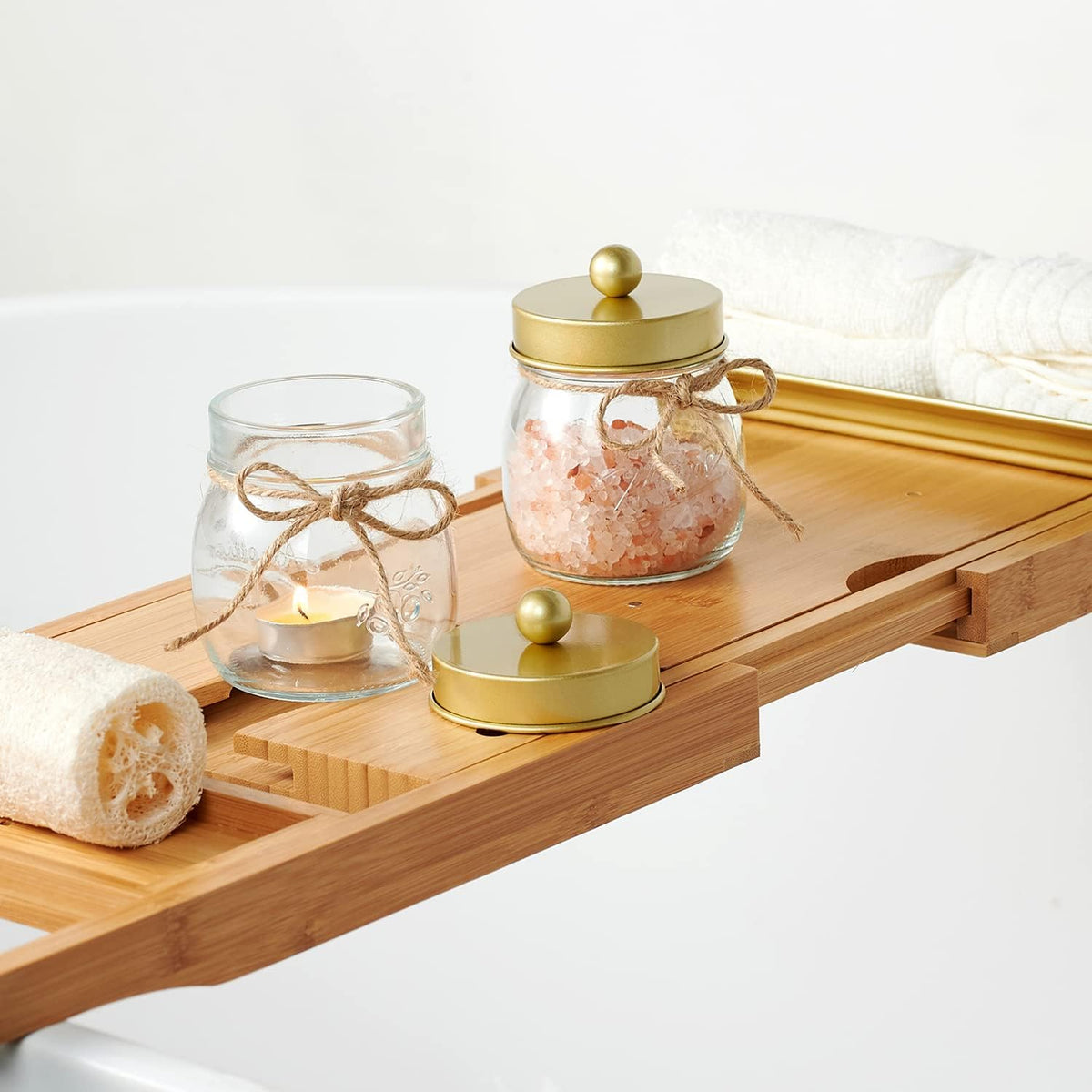 SheeChung 2 Pack Qtip Holder for Bathroom, Cotton Swab Holders, Cute Mason Jars Decor, Bathroom Decor and Accessories for Cotton Round Pads, Balls, Floss Pick - Brushed Gold