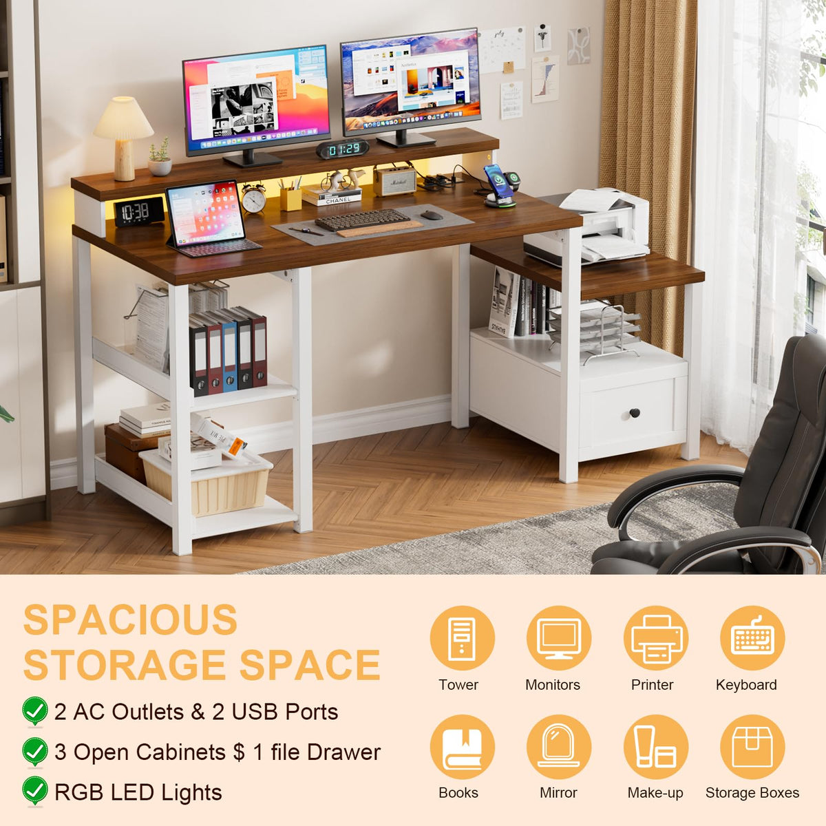 White Farmhouse Office Desk with Drawer & Power Outlets, Wood Computer Desk Monitor Stand for Bedchamber Study, Home Office Table with LED Strip for Working Writing Gamin