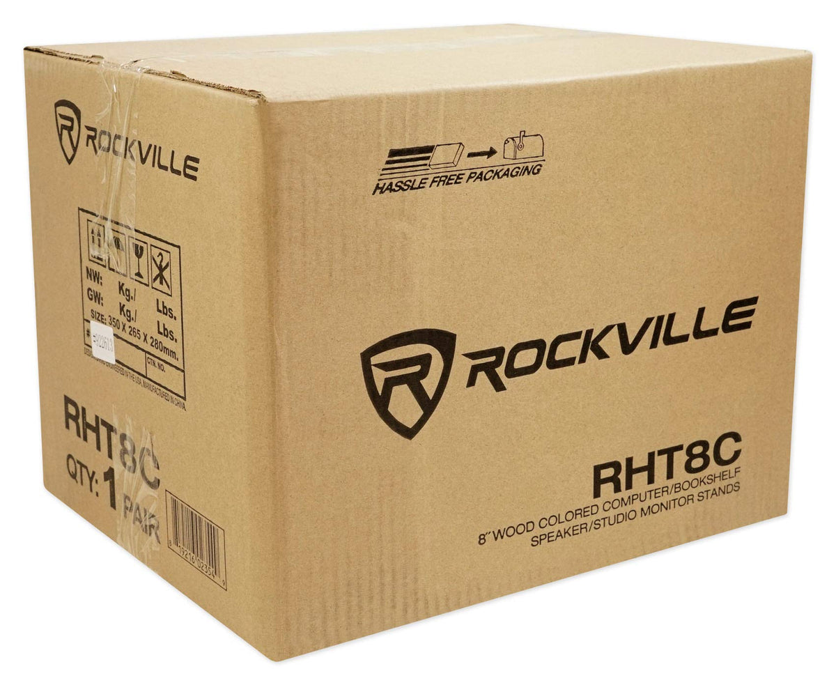 Rockville RHT8C (2) 8" Desktop Speaker Stands, 66 lbs. Capacity, Wood Finish, Resonance-Free, Cable Management, Isolation Pads, for Bookshelf/Studio Monitors