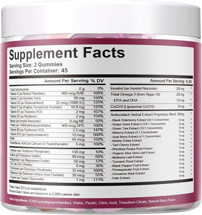 Womens Multivitamin Gummies | 45 Day Supply, Omega-3, Inositol, CoQ10, Prebiotics, Vitamins A, C, D3, E, B12, 90 Gummies for Heart, Brain Health