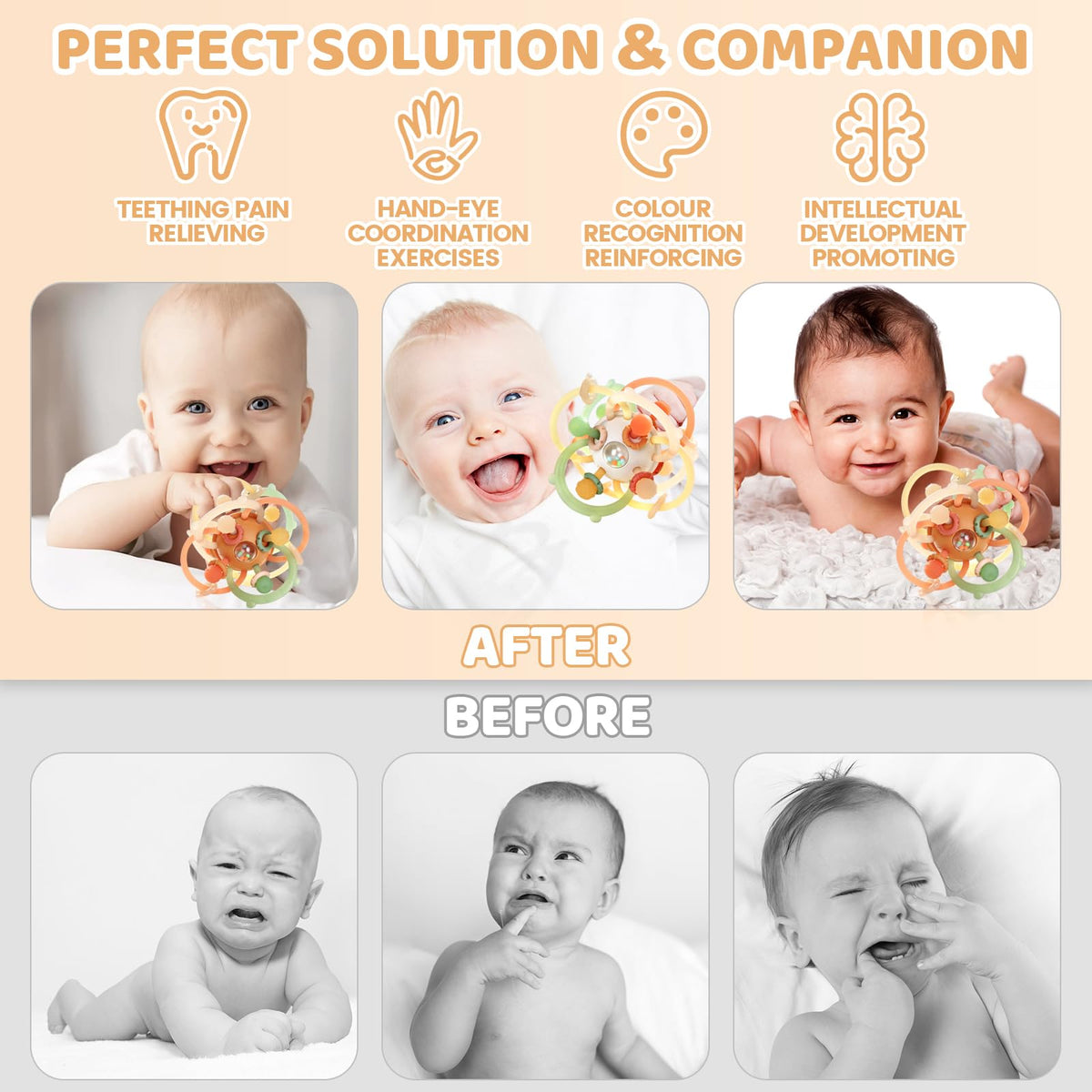 Orzbow Baby Sensory Teething Toys, Infant Montessori Teether Ball, Silicone Baby Rattle Ball Toy, Babies Chew Toys for 3-6-12-18 Months Sucking Needs, Teethers Relief, BPA Free, Brown
