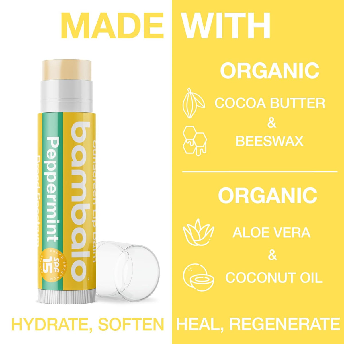 4-Pack Peppermint SPF 15 Lip Balm - Organic Ingredients, Broad Spectrum UVA/UVB Protection - Hydrating & Moisturizing, USA Made