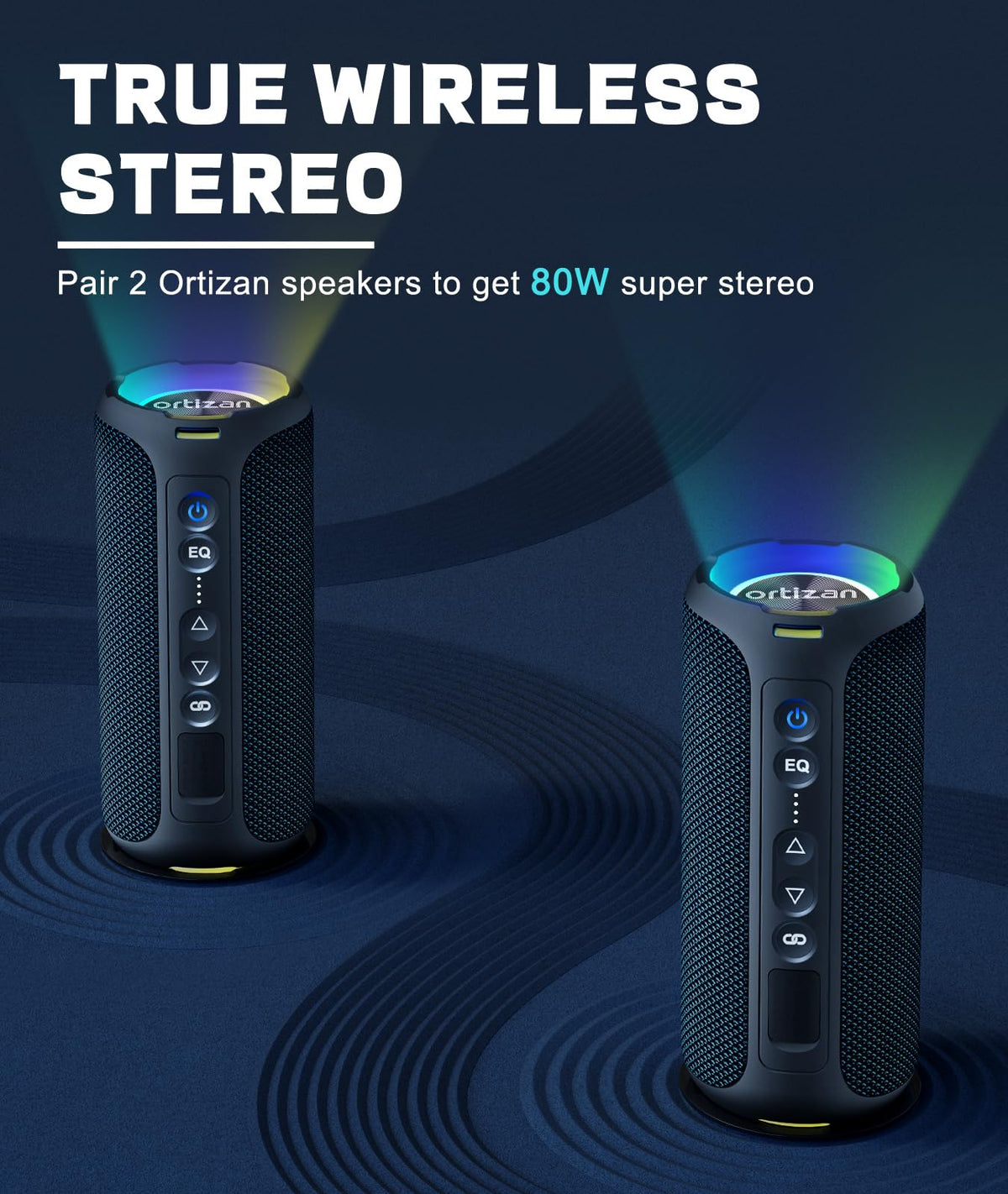 Ortizan Bluetooth Speakers, Portable Wireless Stereo Speaker - IPX7 Waterproof, 40W Loud Sound, Dual Pairing, Deep Bass, LED Light, Bluetooth 5.3, for Home/Shower/Outdoor/Beach, Gifts for Adult, Navy