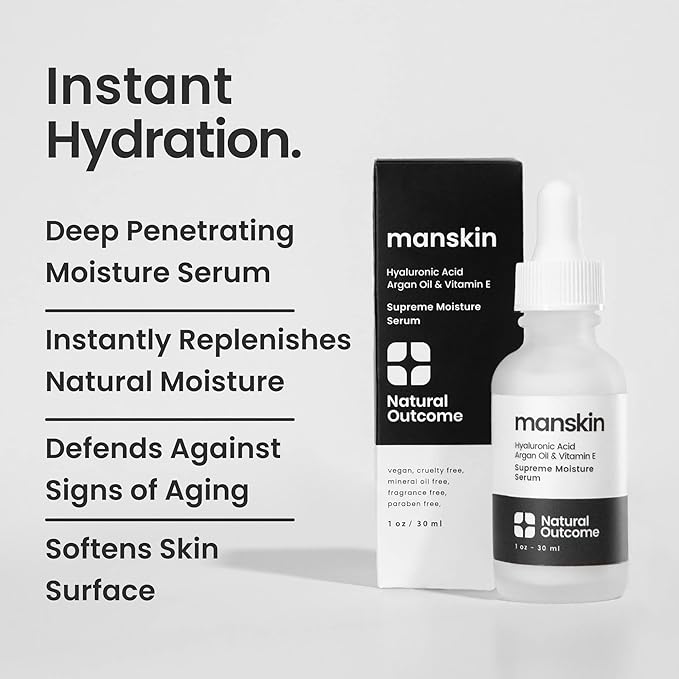 Natural Outcome Man Skin Supreme Moisture Serum Mens I Mens Anti-Aging Day & Night Facial Serum I Advanced Moisture Serum with Hyaluronic Acid, Argan Oil & Vitamin E