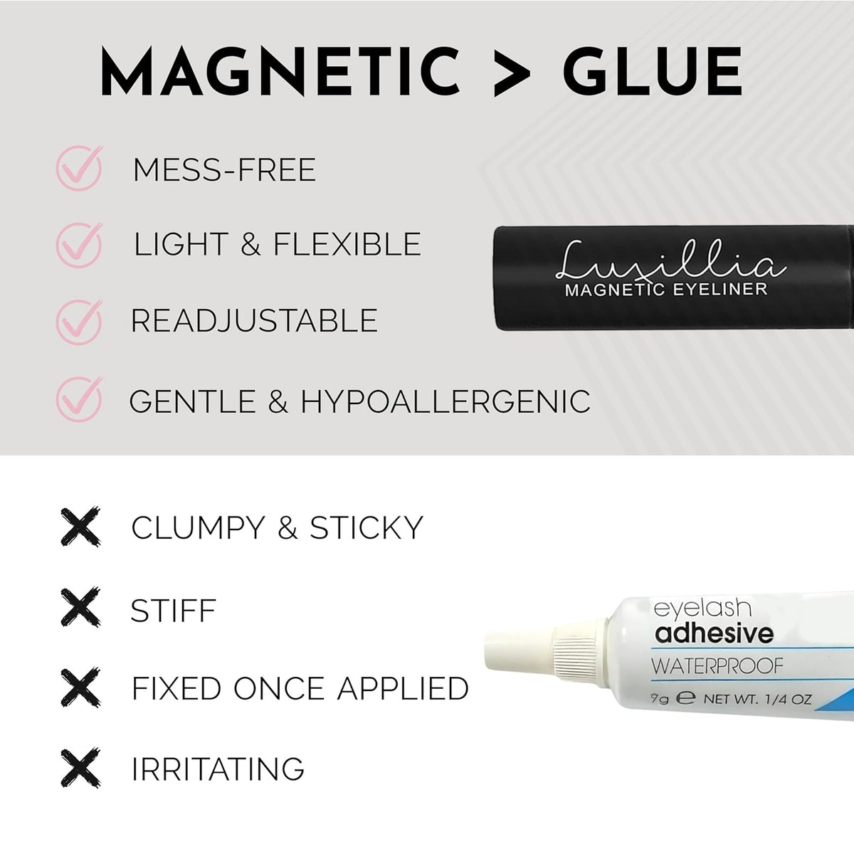 Luxillia Magnetic Eyelashes Kit – 8 Piece (Clear & Black) Magnetic Eyelash & Eyeliner Set with Applicator – Natural Look Easy Apply Reusable Fake Extension Lashes, No Glue Magnéticas Naturales