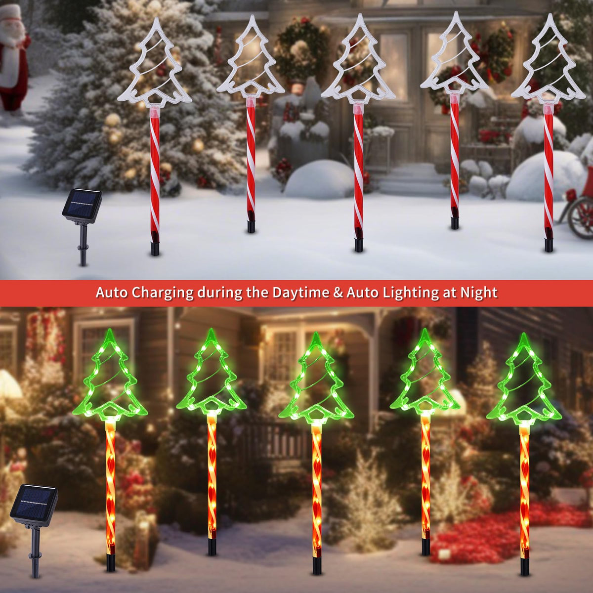 Christmas Solar Pathway Lights Outdoor Decorations, 8 Modes Xmas Tree Candy Lights Waterproof Led Garden Stake Light for Walkway Yard Lawn Porch Holiday Decor 5-Pack (Red Tube Tree, 5 Pack)