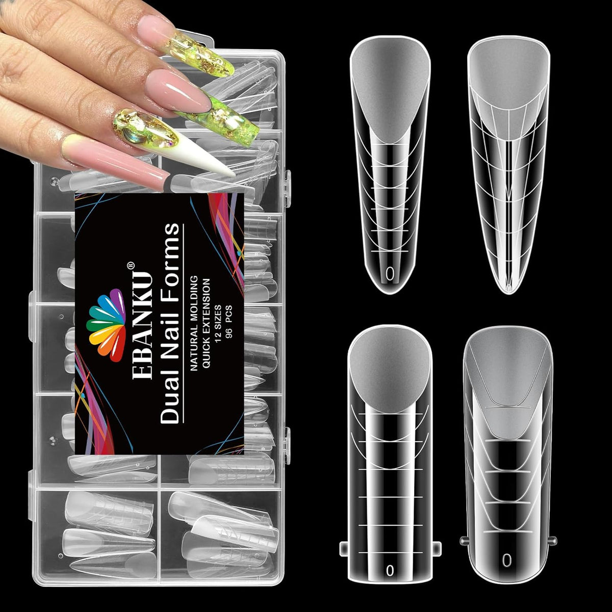 EBANKU Dual Nail Forms for Poly Extension Gel, 96 PCS Clear Nail Molds Reusable Nail Extension Forms for Builder Gel Manicure Design Salon DIY-12 Sizes