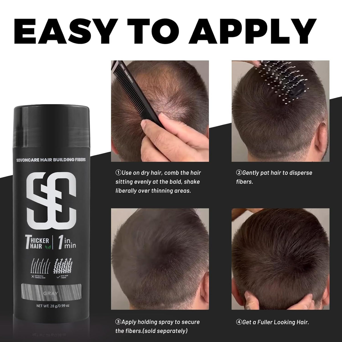 SOVONCARE Hair Fibers for Thinning Hair Gray, Hair Building Fibers for Bald Spots Undetectable & Natural, Conceals Hair Loss Fill In Fine, Hair Powder Hair Thicker Instantly for Women & Men 28g