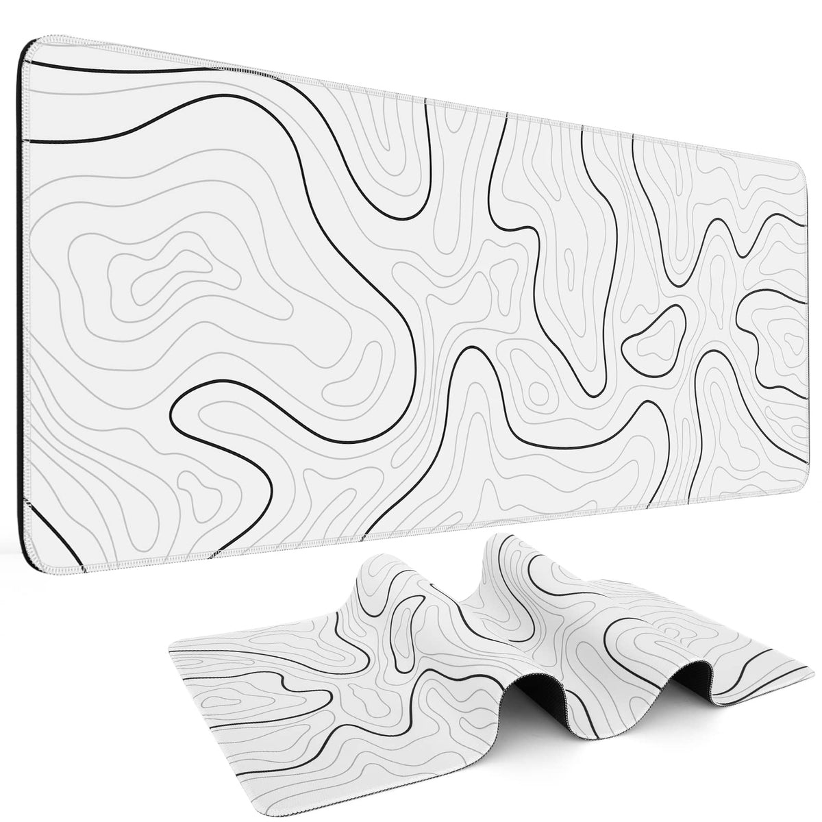 Mouse Pad Gaming Mousepad 31.5 x 11.8in Large Mouse Pad for Keyboard and Mouse with Anti-Slip Rubber Base, Keyboard Pad XL Mouse Mat for Home and Office（Black with White Topographic Line）