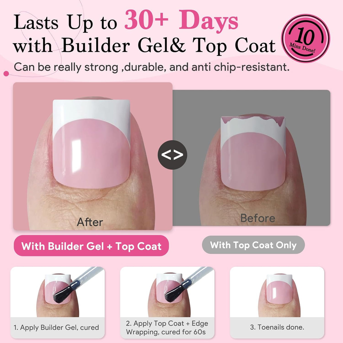 Press On Toenails for Women French Tips, Sharp Square Pre-applied Primer & Base Coat Toe Nail Press Ons Baby Pink Full Cover Fake Tips Extension 15 Sizes 270 Pcs, Builder Nail Gel & Top Coat Required