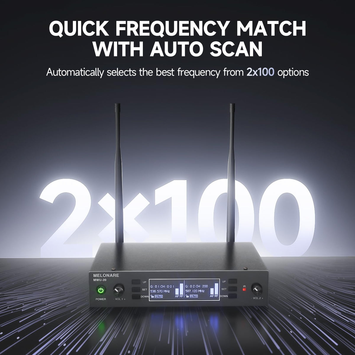 Dual Channel Wireless Microphone System, MELONARE Auto-Scan Professional Cordless Dynamic Mic Set, 260ft Range, 2x100 UHF Metal Wireless Mic for Singing, Karaoke, Church, Wedding, DJ (MWU-20-2H)