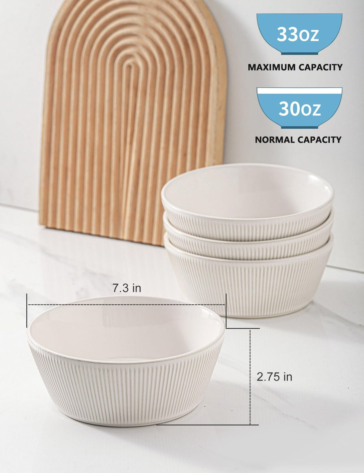 UBEE Large Soup Bowls Set of 4, 7.3 inch White Salad Bowls, Ceramic Serving Bowls for Ramen, Pasta, Fruit, Cereal, Fruit, Dinner, Dishwasher and Microwave Safe