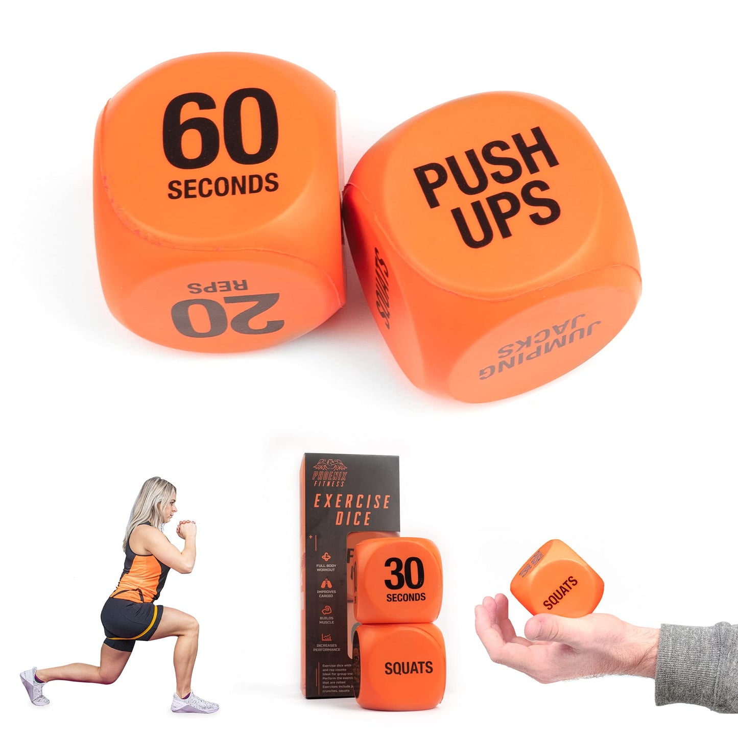 Phoenix Fitness Exercise Dice - Workout Dice Game for Cardio, HIIT Training and Exercise Classes - Full Body Training includes Push Ups, Squats, Jumping Jacks, Crunches & Wildcard - Home and Gym