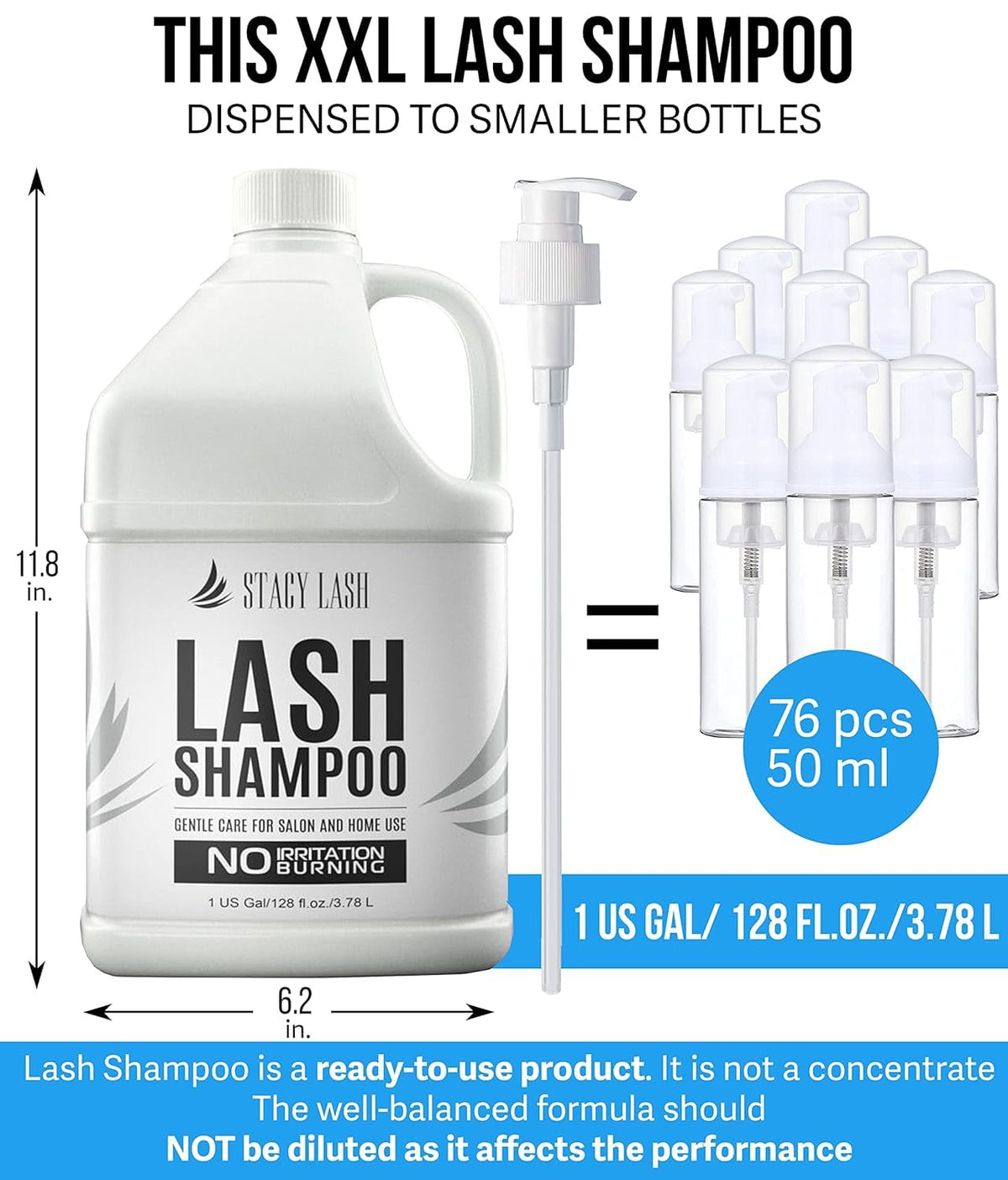 STACY LASH Eyelash Extension Shampoo 1US Gal / 128 fl.oz. / 3.78L / Eyelid Foaming Cleanser/Safe Wash for Extensions & Natural Lashes/Supplies for Professional & Home Use / 50 Aftercare Cards