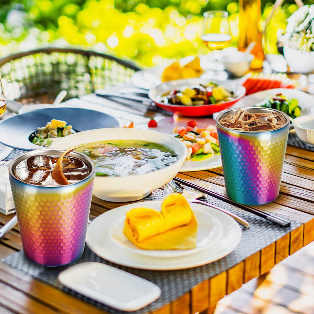 TIICOO Stainless Steel Cups 2 Packs 10oz/300ml Stackable Double Wall Insulated Metal Shatterproof Cups Titanium-Plated Diamond Textured Surface Heat Resistant Dishwasher Safe (Rainbow)