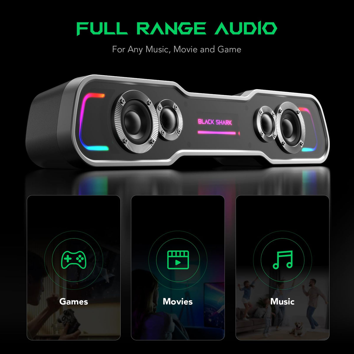 Black Shark BS-SP1 Bluetooth Computer Speakers for Desktop, 5 Colorful Lights Gaming PC Speaker with Stereo Sound, USB C/USB Powered Sound-bar for Computer Desktop PC Monitor Laptop