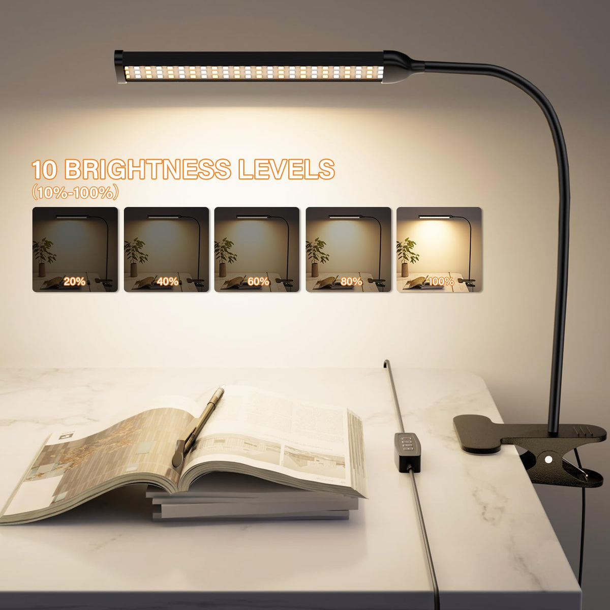 VIIVUU Desk Lamp with Clamp, Eye-Caring Clip on Lights for Home Office, LED Reading Lamp with 3 Color Modes, 10 Brightness, Flexible Gooseneck Swing Arm for Study, Work, Draw, Nail, Black