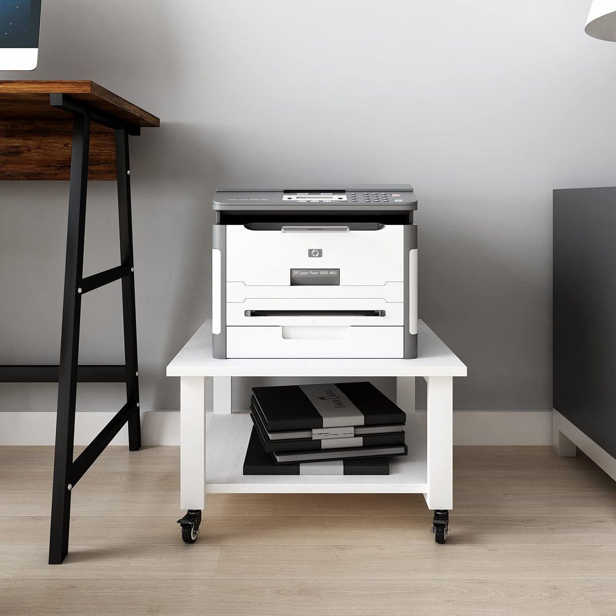 Natwind 2 Tier Laser Printer Stand,19.7''x19.7''x12.6'' Large Printer Table Copier Stand Under Desk,Heavy Duty Rolling Cart with Paper Storage Shelf,Printer Holder on Wheels for Home Office (White)