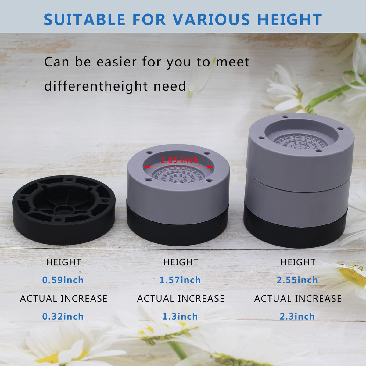 HANIHUA Furniture Risers 2 inch (Set of 4) Round Bed Risers Heavy Duty 1 inch 3inch, Adjustable Bed Lifts Riser for Desk, Table, Sofa, Chair Supports Up to 1,300 lbs