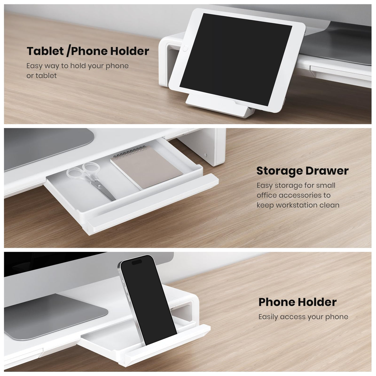 Monitor Stand Riser, Klearlook Foldable, Height Adjustable Computer Stand, Desk Shelf Riser with Storage Drawer &Tablet Phone Stand for Desktop, Laptop (White)