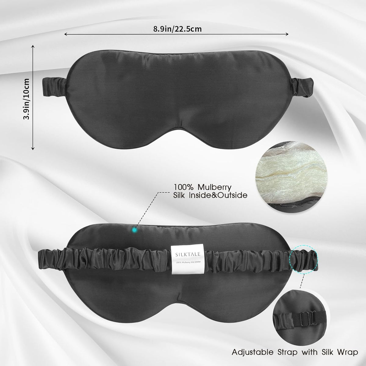 Mulberry Silk Blackout Adjustable Sleep Eye Mask for Men/Women Travel Plane,Charcoal