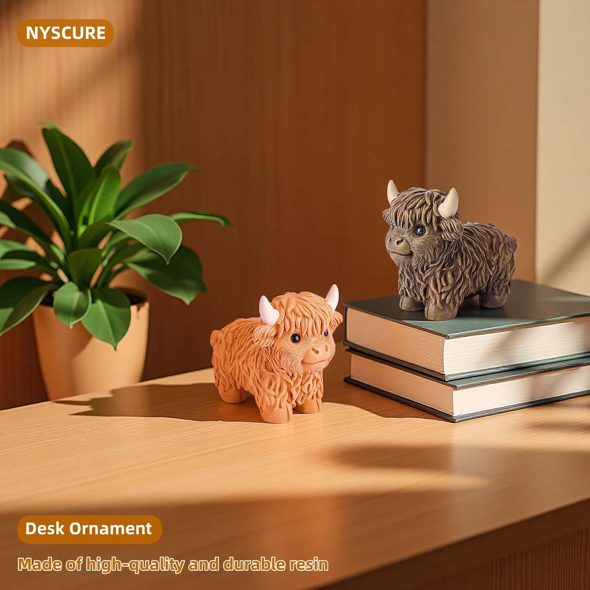 NYSCURE Set of 2 Small Resin Highland Cows Statues Home Decor Scottish Modern Style Figurine Calf Gifts for Lovers, Decorative Ornaments for Livingroom, Bedroom, Bookshelf, Cabinets, Office Desktop