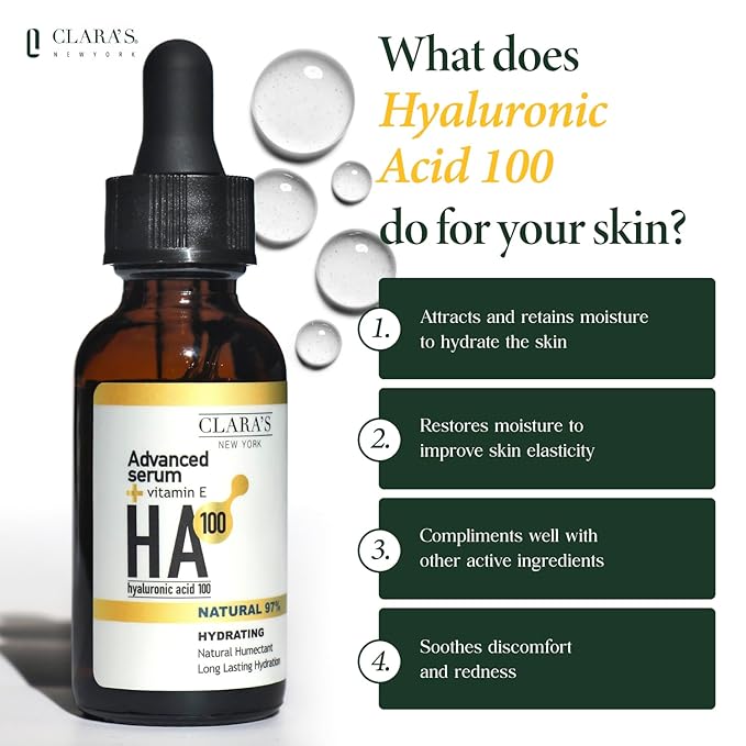 CLARA'S NEW YORK Glycolic Acid Facial Serum with Vitamin E for Exfoliating Smoothing Glowing Face Skin - Made in USA 30ml (1Fl/Oz) (Hyaluronic Acid 100)
