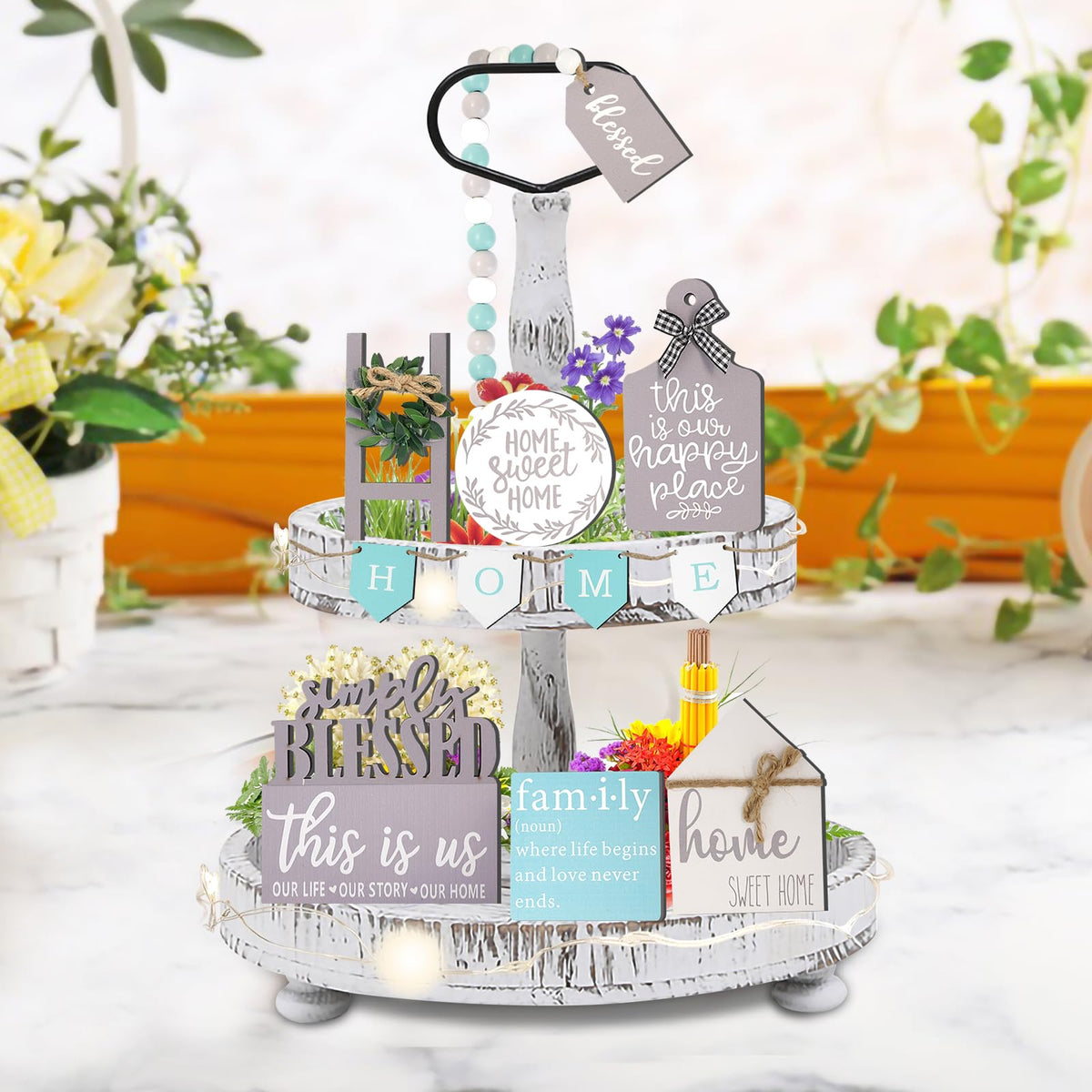 13 Pcs Farmhouse Tiered Tray Decor Set, Kitchen Table Decorations with String Lights, Home Rustic Wooden Signs Decorative for Centerpiece Table Bar Housewarming