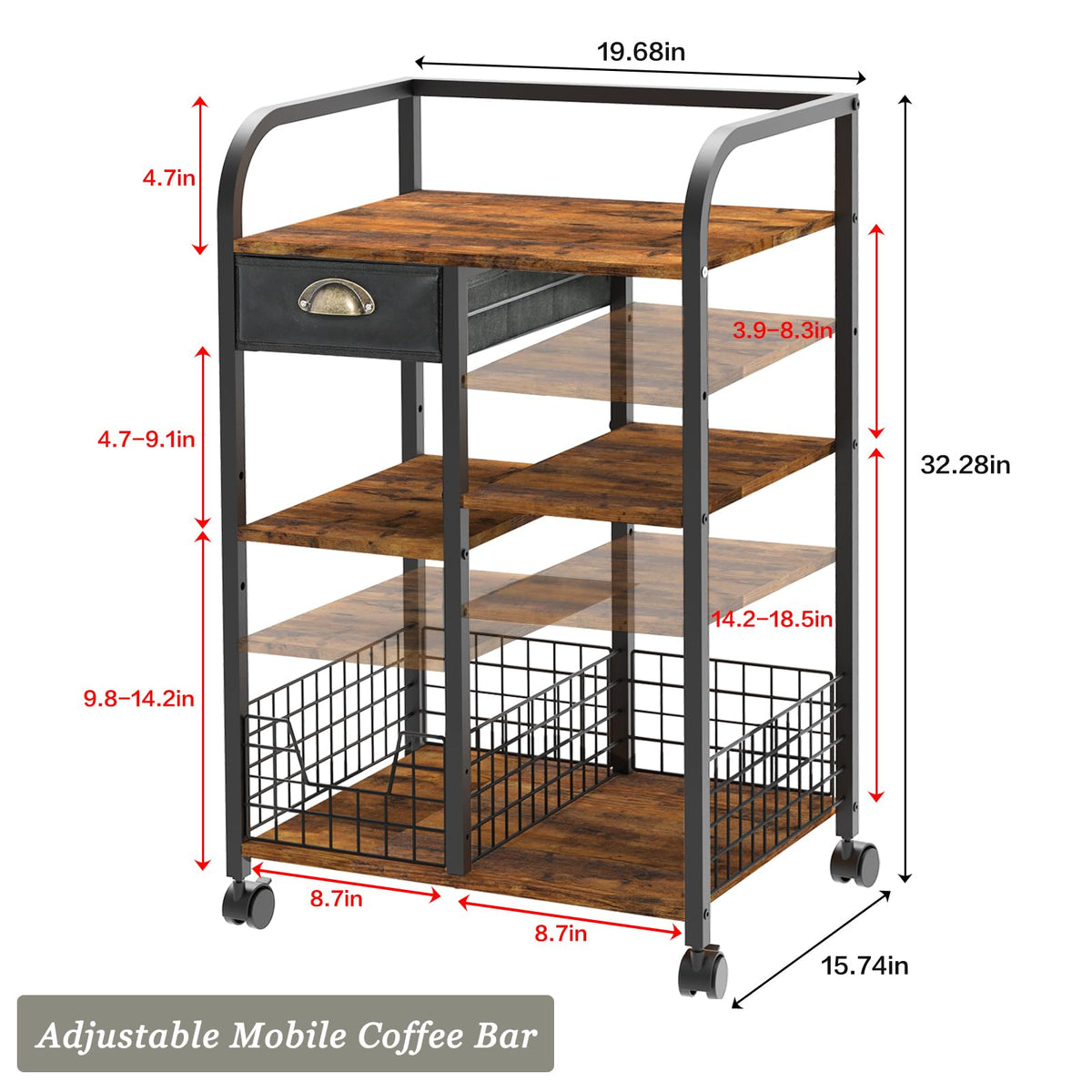keomaisyto Coffee Cart with Storage Drawer, Coffee Bar Cabinet with Wheels, 4-Tier Adjustable Mobile Coffee Table, Rustic Wood Coffee Bar Station for Kitchen/Entrance/Living Room/Dining Room