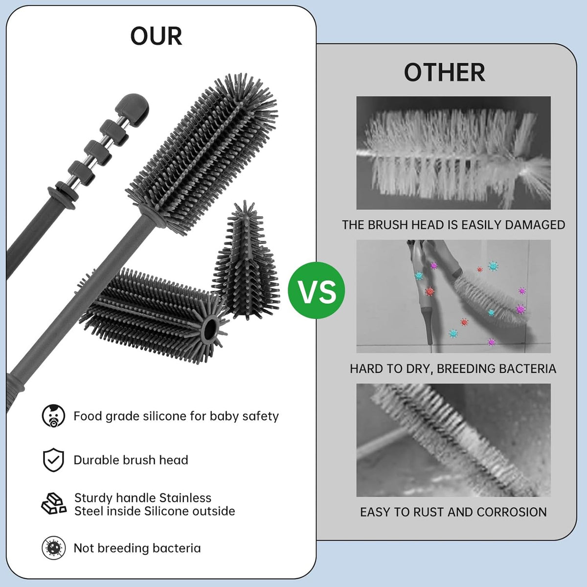 Baby Bottle Brush and Straw Cleaner Brush Set, Extra Long Double-Ended Soft Silicone Brush Cleaner for Baby Bottles, Water Bottles, Cups, Breast Pumps, Detachable & Hangable