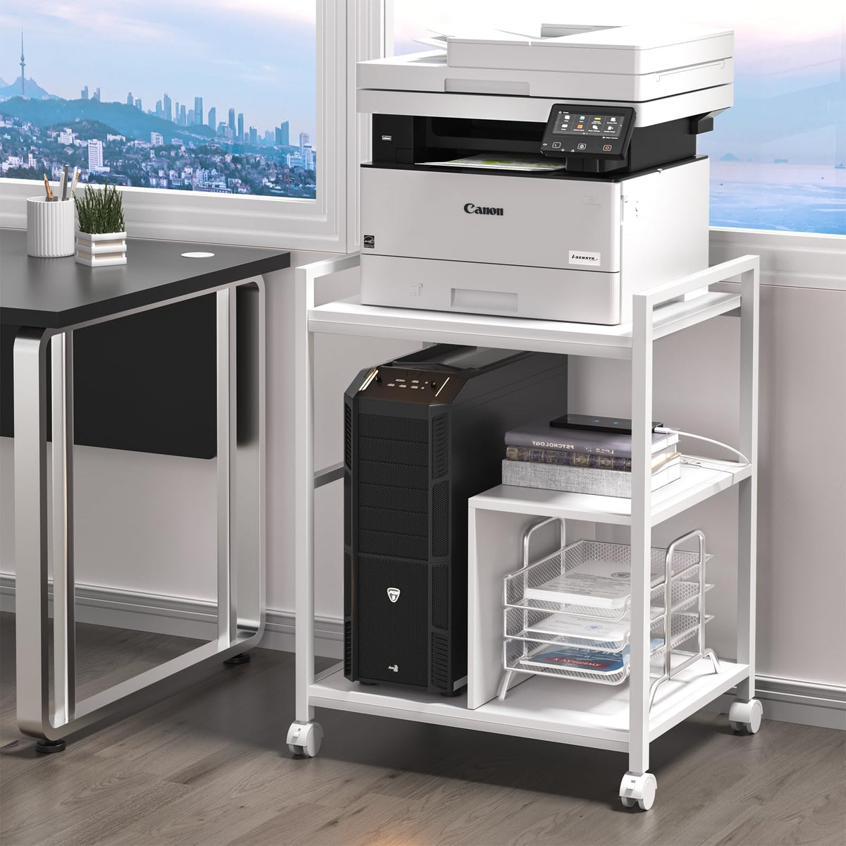 Lerliuo Printer Stand with Charging Station and USB Ports, Large 3-Tier Mobile Printer Table with Storage Shelf, White Rolling Industrial Printer Cart with Lockable Wheels for Home Office