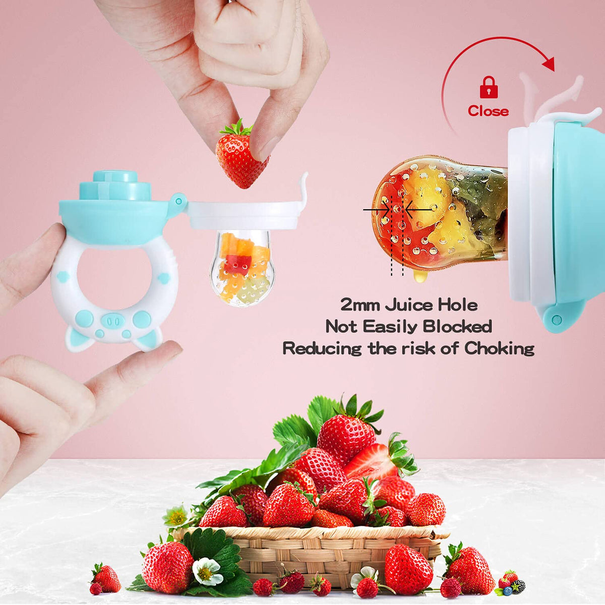 Baby Fruit Food Feeder Pacifier - Fresh Teething Pacifiers, Infant Fruit Teething Teether Toy for 3-24 Months, 6 Pcs Silicone Pouches for Toddlers & Kids & Babies, Piggy Handle 2-Pack (Pink & Gray)