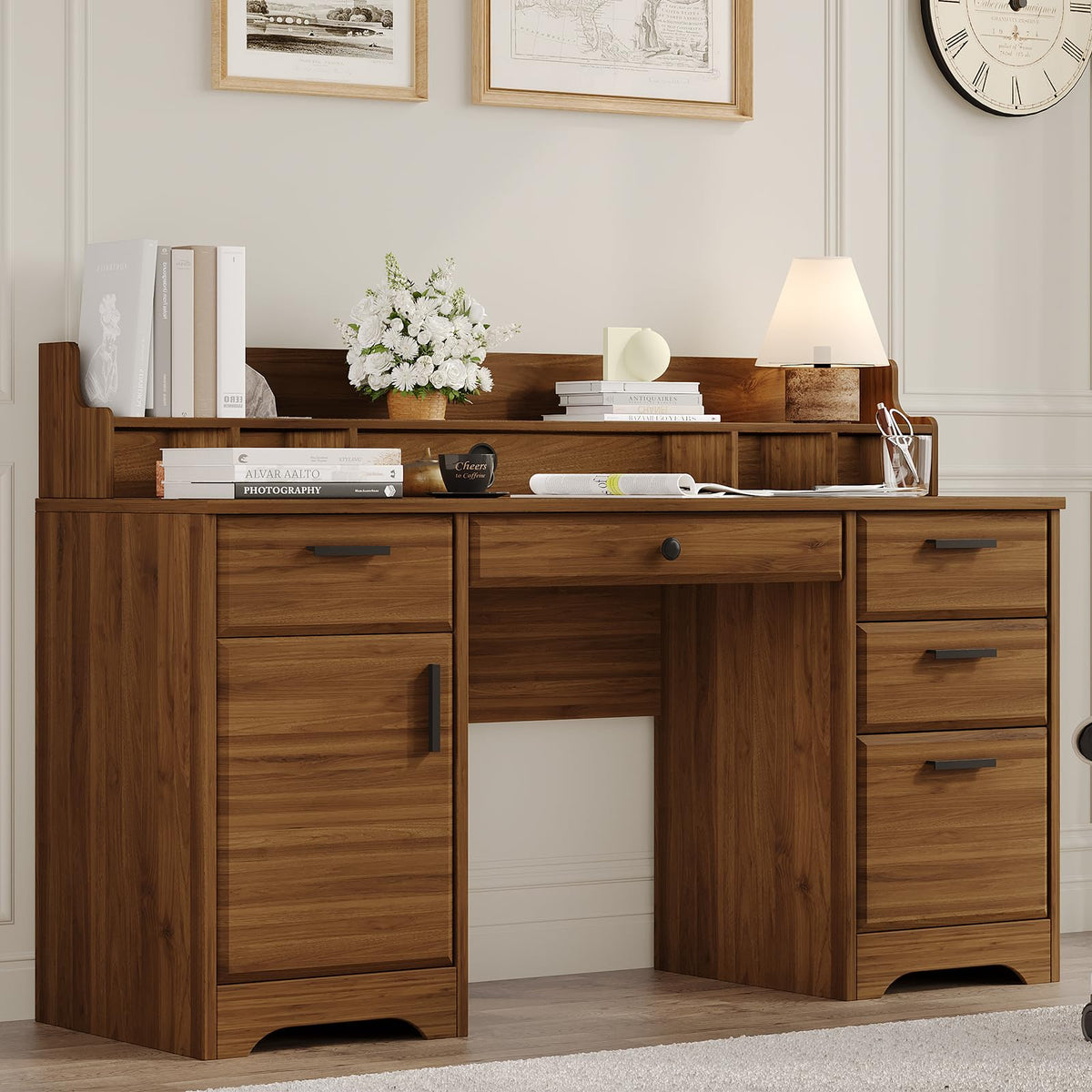 MaverickFurni 58 Inch Computer Desk with File Drawers, Executive Desk with Storage, Home Office Desk with Storage Cabinet for Bedroom, Rustic Brown