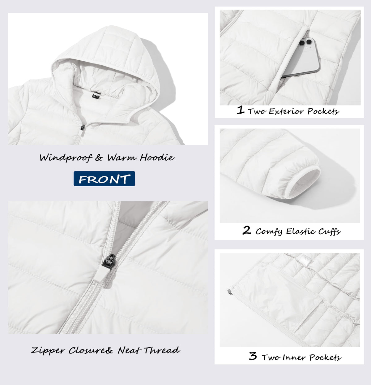 MAGCOMSEN Womens Puffer Jacket Hooded Lightweight Quilted Winter Long Sleeve Water-resistant Zip-up Coat with Inner Pocket, White M