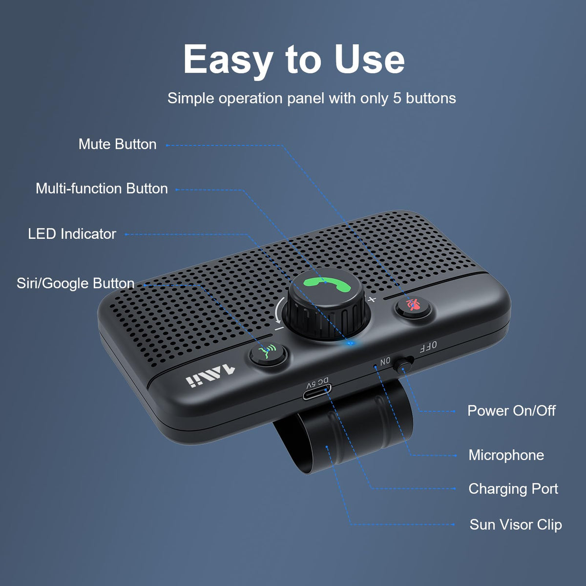 1Mii Bluetooth 5.3 Car Speaker, Handsfree Bluetooth Speakerphone for Cell Phone, Motion Auto On, Support Voice Assistant for Android and iOS, Wireless Audio Car Kit with Visor Clip